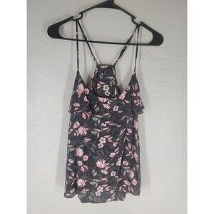 American Eagle Black Silky Floral Ruffle‎ Tank Top Size Medium